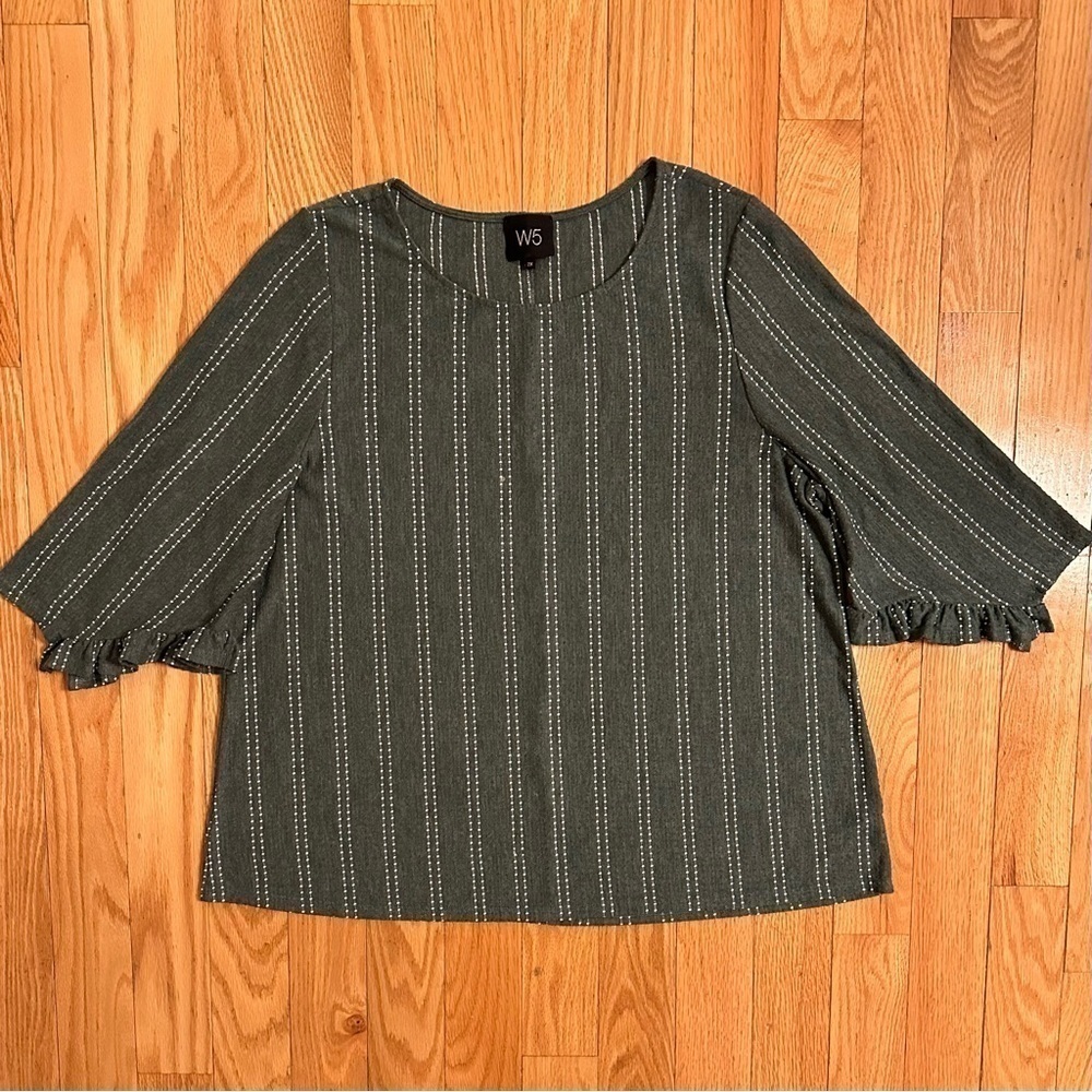 W5 Anthropologie Top 2XL Green White Striped Ruffle 3/4 Sleeve Shirt Women’s